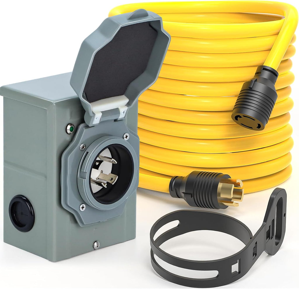 E-SDS 30 Amp Generator Power Cord 50FT and Generator Inlet Box Kit, Nema L14-30P Generator Outlet Box with RV Extension Cord for Outdoor Use, 125/250V, 7500W