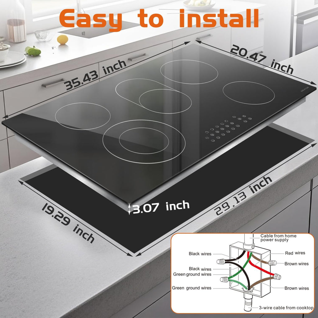 Noxton 36 Inch Electric Cooktop 5 Burner Electric Stove Top, Built-in Radiant Ceramic Cooktop with Extended Zone, Sensor Touch Control, Child Safety Lock, Timer, Pause, 8400W 240V Hard Wire