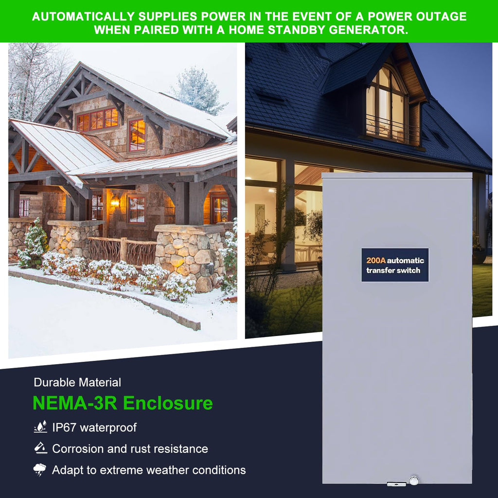 200 Amp Single Phase Automatic Transfer Switch - NEMA 3R Aluminum Enclosure for Outdoor and Indoor Power Management, Service Entrance Rated, Replaces Generac RXSW200A3