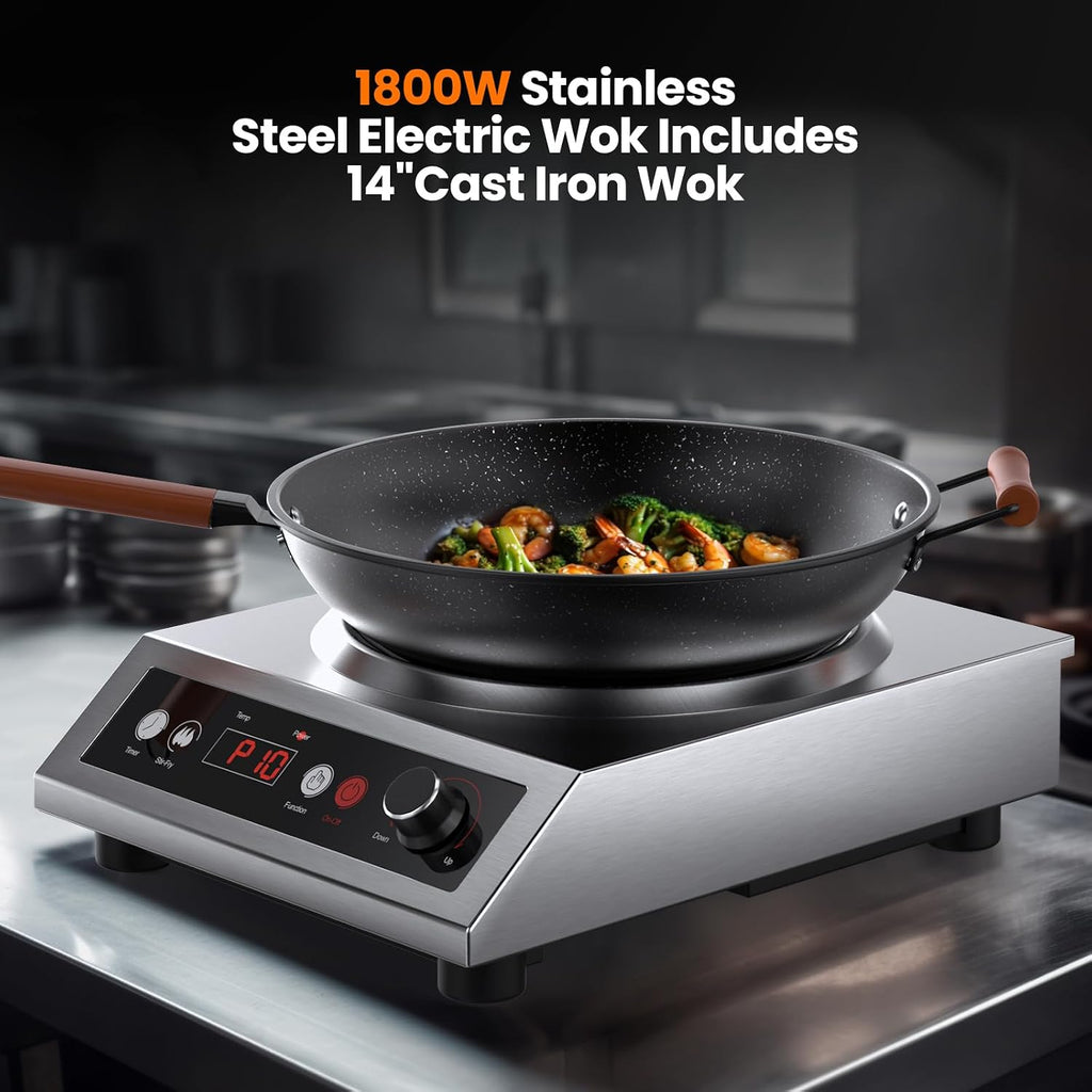 1800W Induction Wok,Stainless Steel Electric Wok Used For Home And Commercial,Temp From 140°F to 460°F,Concave Surface Dual Control 10 Power 24H Timer,14-inch Cast Iron Wok Included