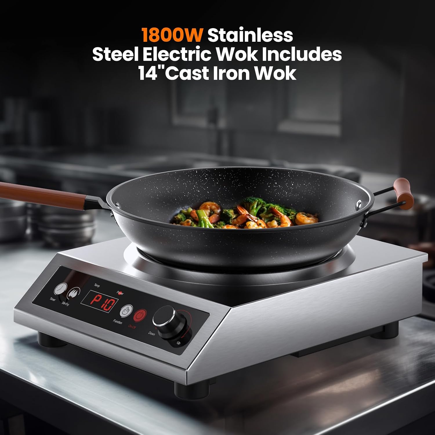 1800W Induction Wok,Stainless Steel Electric Wok Used For Home And Commercial,Temp From 140°F to 460°F,Concave Surface Dual Control 10 Power 24H Timer,14-inch Cast Iron Wok Included