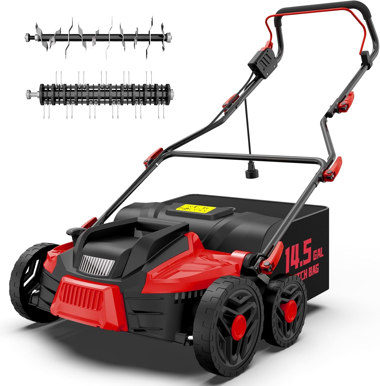 TIECTOWN 16-Inch 15.5 Amp 2-in-1 Electric Dethatcher and Scarifier with 14.5-Gallon Collection Bag, Lawn Dethatcher with 5-Position Depth Adjustment, Blade Replacement Without Tool - Red