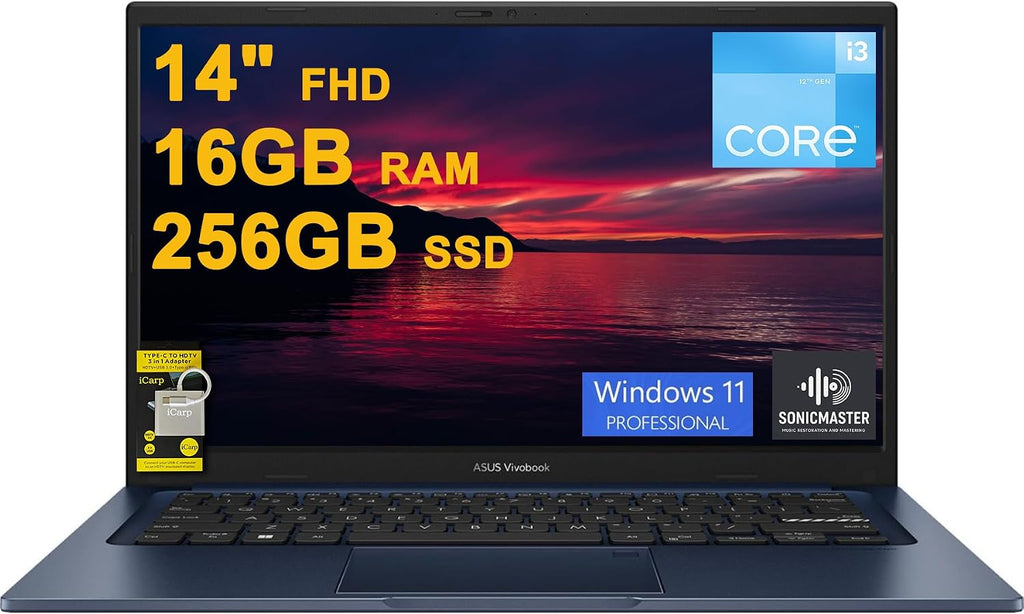 ASUS VivoBook 14 Business Laptop 14' FHD Anti-Glare Intel 6-core i3-1215U 16GB DDR4 256GB SSD Type-C Privacy Camera SonicMaster Fast Charging Win11Pro ICP Hub