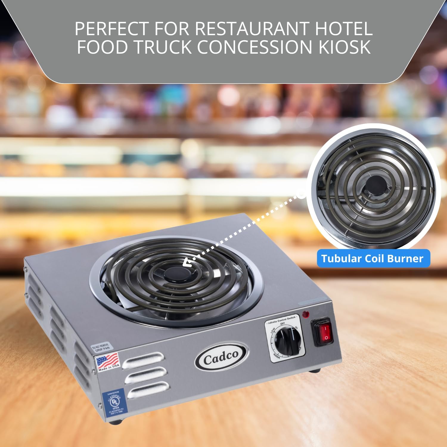Cadco CSR-3T 14' Electric Portable Countertop Hi-Power Hot Plate w/One Tubular Burner for Restaurant Hotel Food Truck Concession Kiosk, Stainless Steel, 120v