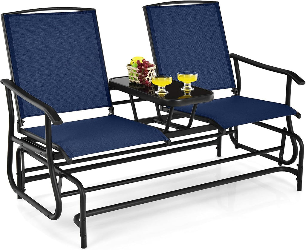 Tangkula 2 Person Swing Glider Chair, Patio Rocking Loveseat w/Center Tempered Glass Table, Outdoor Swing Bench w/Steel Frame & Breathable Mesh Fabric for Porch, Balcony, Poolside (Navy)