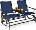 Tangkula 2 Person Swing Glider Chair, Patio Rocking Loveseat w/Center Tempered Glass Table, Outdoor Swing Bench w/Steel Frame & Breathable Mesh Fabric for Porch, Balcony, Poolside (Navy)