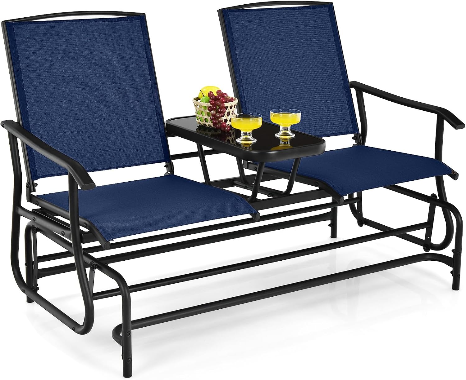 Tangkula 2 Person Swing Glider Chair, Patio Rocking Loveseat w/Center Tempered Glass Table, Outdoor Swing Bench w/Steel Frame & Breathable Mesh Fabric for Porch, Balcony, Poolside (Navy)