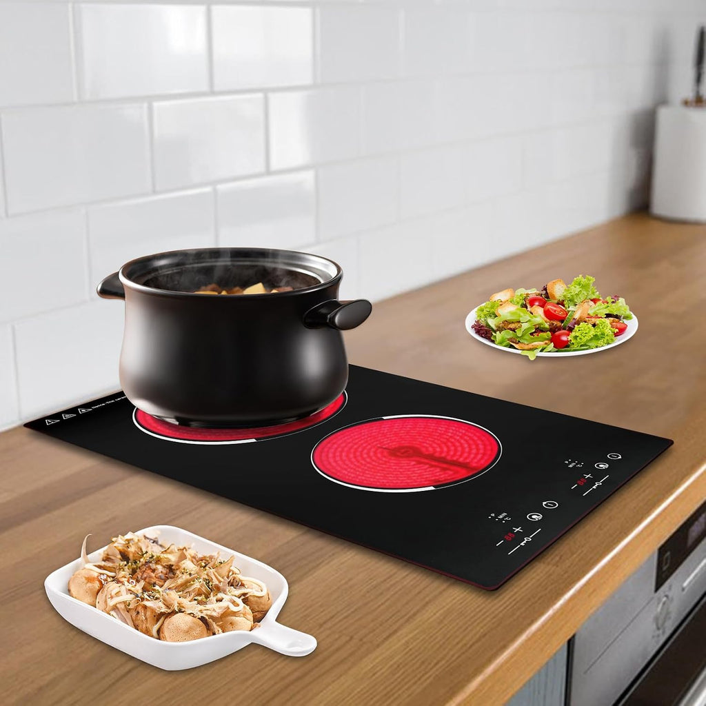 Electric Ceramic Cooktop With Plug, 1500W 110V Portable 2 Burners Built-in Sensor Touch Control Countertop Hot Plate, 9 Heating Levels