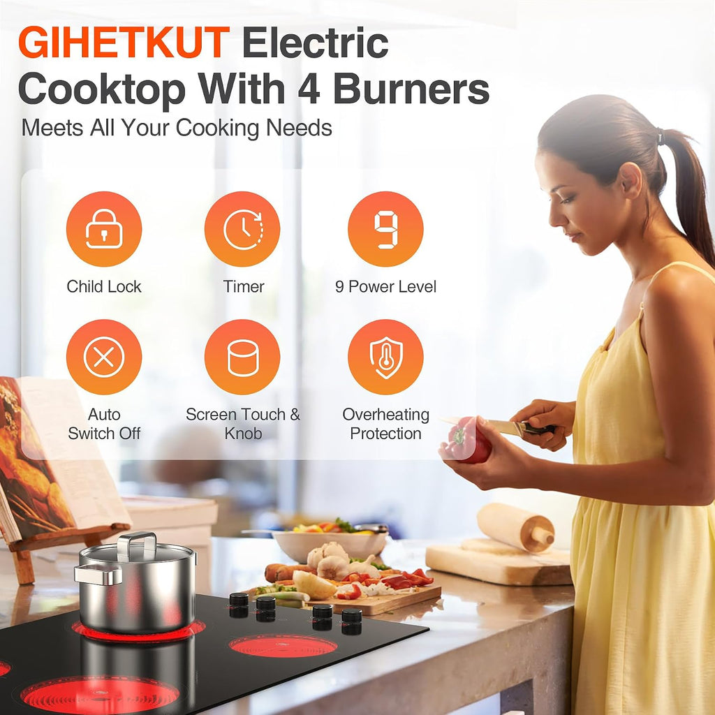 GIHETKUT 4 Burner Electric Cooktop,7200W Built-in & Countertop 4 Burner Electric Stove Top with 9 Power Levels, Child Safety Lock & 99mins Timer, 30 inch Electric Cooktop 220-240V (No Plug)
