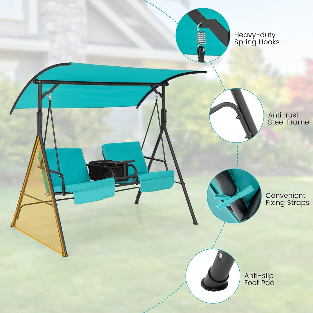 Tangkula 2 Person Porch Swing, Pivot Storage Table, Cooler Bag, 2 Cup Holders, Removable Cushions, Outdoor Patio Swing with Canopy for Backyard Balcony Poolside (Turquoise)