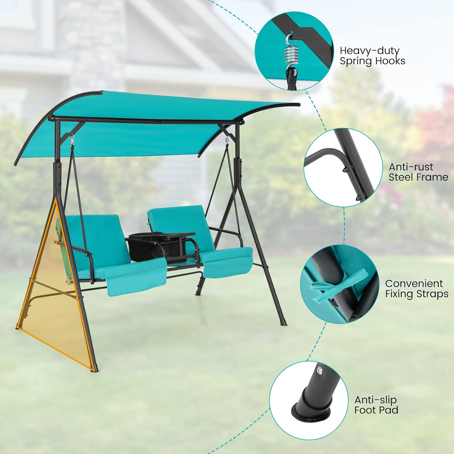 Tangkula 2 Person Porch Swing, Pivot Storage Table, Cooler Bag, 2 Cup Holders, Removable Cushions, Outdoor Patio Swing with Canopy for Backyard Balcony Poolside (Turquoise)