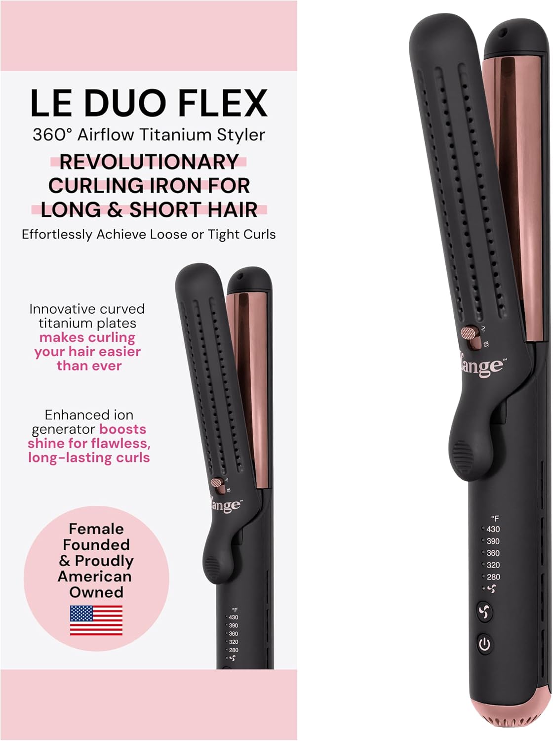 L'ANGE HAIR Le Duo Flex 360° Airflow Titanium Styler | Curling Iron with Adjustable Settings Creates Waves | Air Flow Styler Enhances Volume Locks | Dual Voltage Tool for All Hair Types (Black)