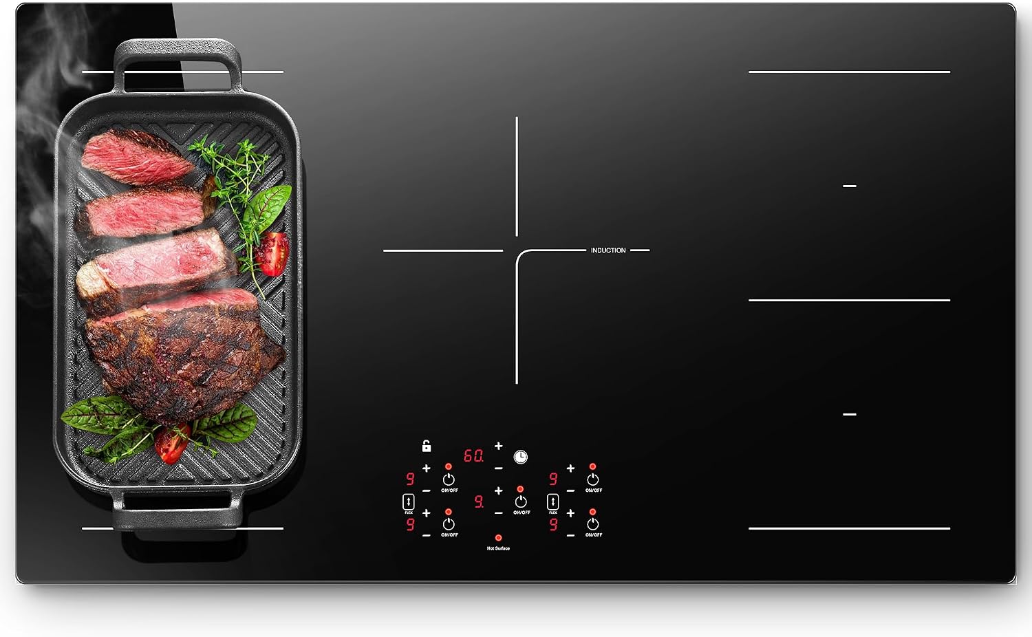 36 Inch Electric Induction Cooktop 5 Burners, 10800W Built-in Induction Stove Top with Double Bridge Function, Booster, Timer, Child Lock, Sensor Touch Control, 240V/50A, No Plug