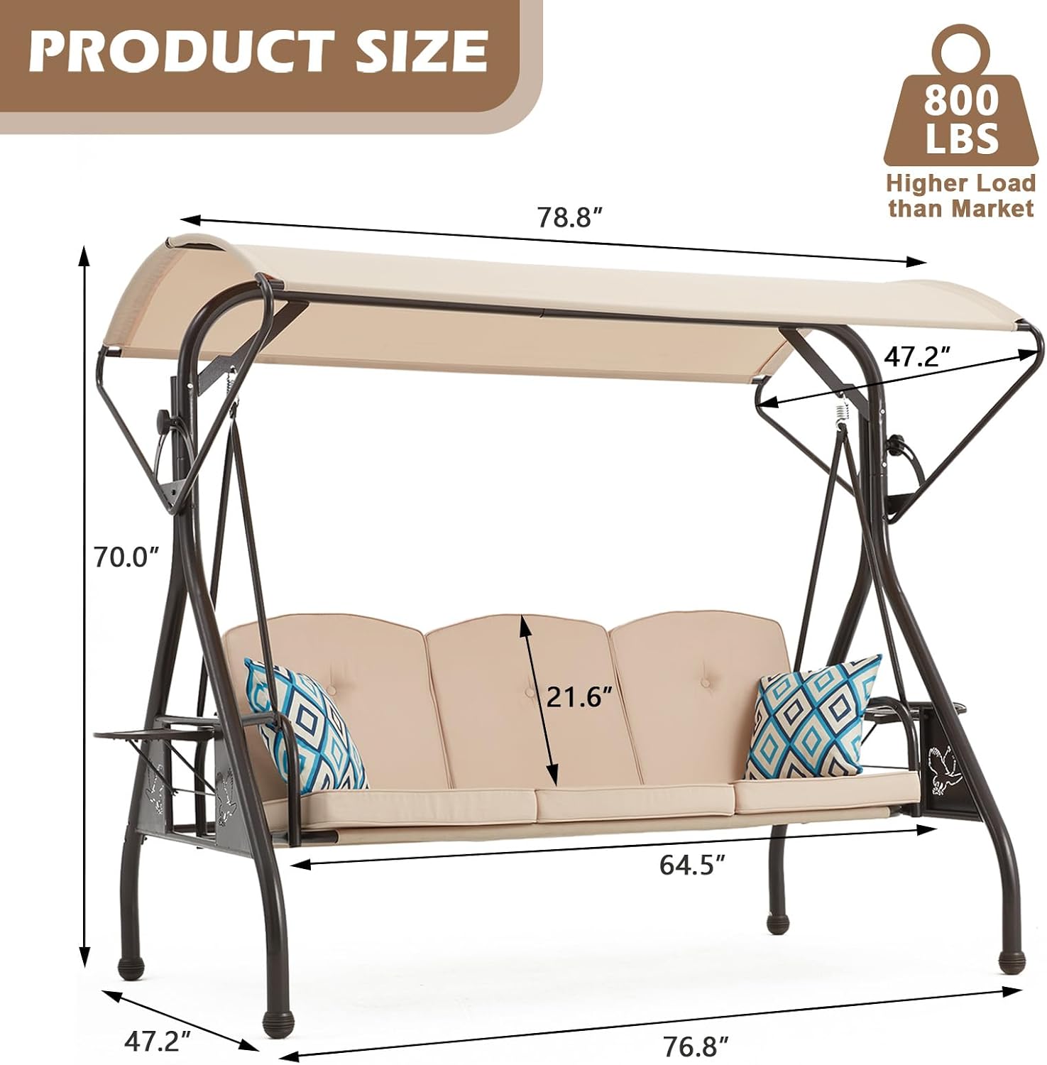 ZZW 800LBS Patio Swing with Canopy 3 Seat Outdoor Porch Swing with Stand w/Cup Holder & Pillow Glider Chair Swing Bed for Patio Backyard Poolside (Khaki)