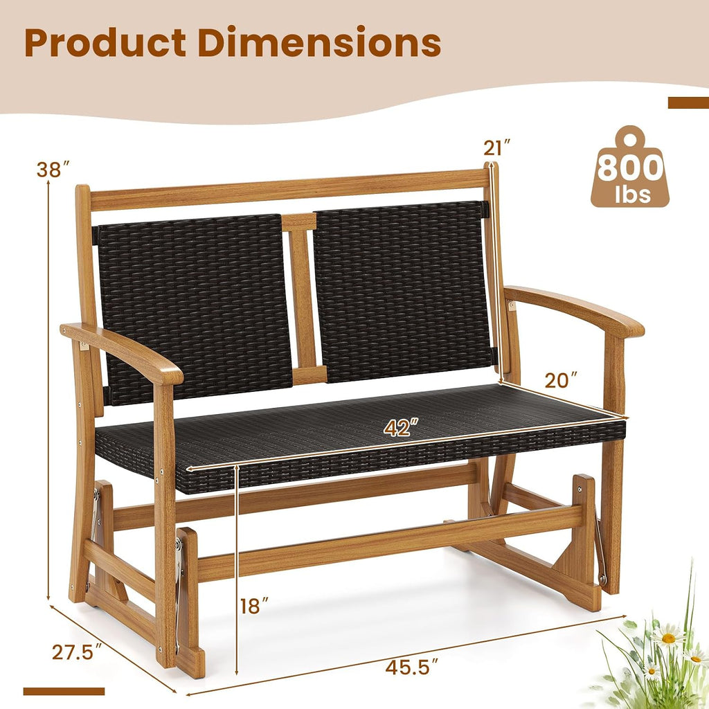Tangkula Patio Rattan Glider Bench, Swing Gliding Rocker w/Acacia Wood Frame & Wicker Seat Back, Outdoor Rocking Armchair w/Curved Armrests for Porch, Backyard, Poolside (2 Seat)