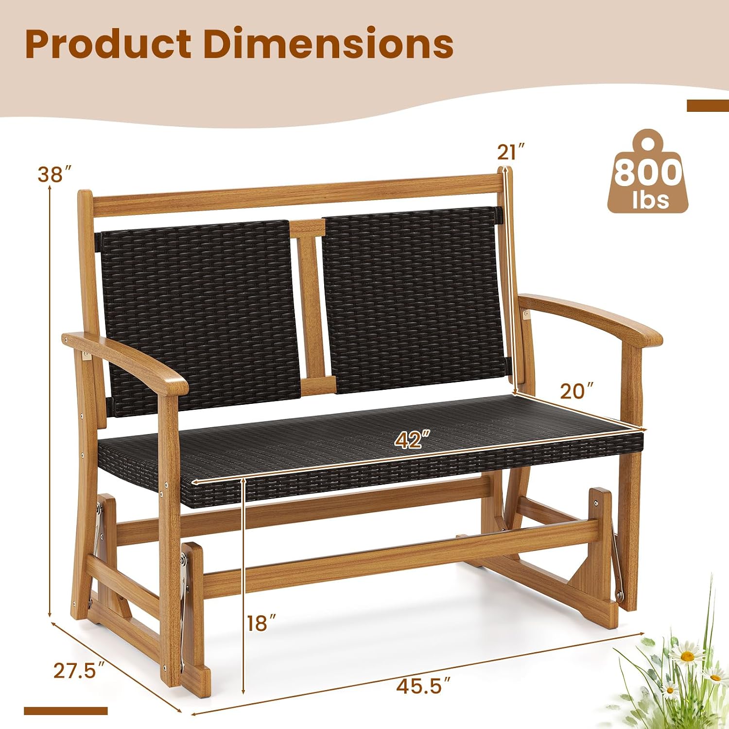 Tangkula Patio Rattan Glider Bench, Swing Gliding Rocker w/Acacia Wood Frame & Wicker Seat Back, Outdoor Rocking Armchair w/Curved Armrests for Porch, Backyard, Poolside (2 Seat)