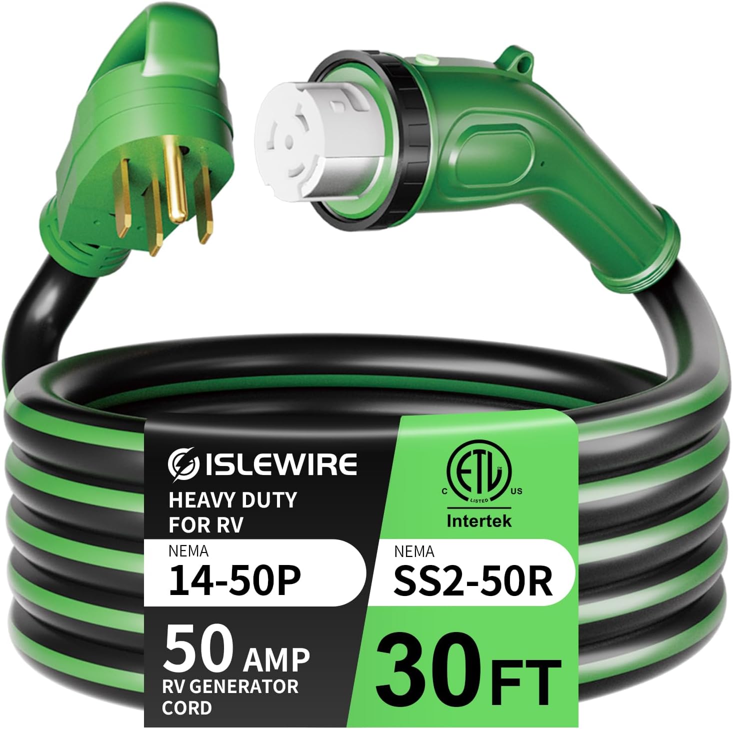 50 Amp 30 Feet RV Power Cord, Heavy Duty 6/3 + 8/1 Gauge STW 50A Generator Cord, NEMA 14-50P to SS2-50R LED Power Indicator Twist Lock for RV Trailer Camper and Generator to House, ETL Listed