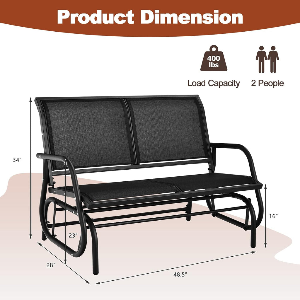 Tangkula 2 Person Patio Glider, Outdoor Swing Bench Rocker Glider Loveseat Chair with Heavy-Duty Steel Frame, Breathable Seat Fabric, Rocking Lounge Chair for Poolside, Garden, Backyard, Porch (Black)