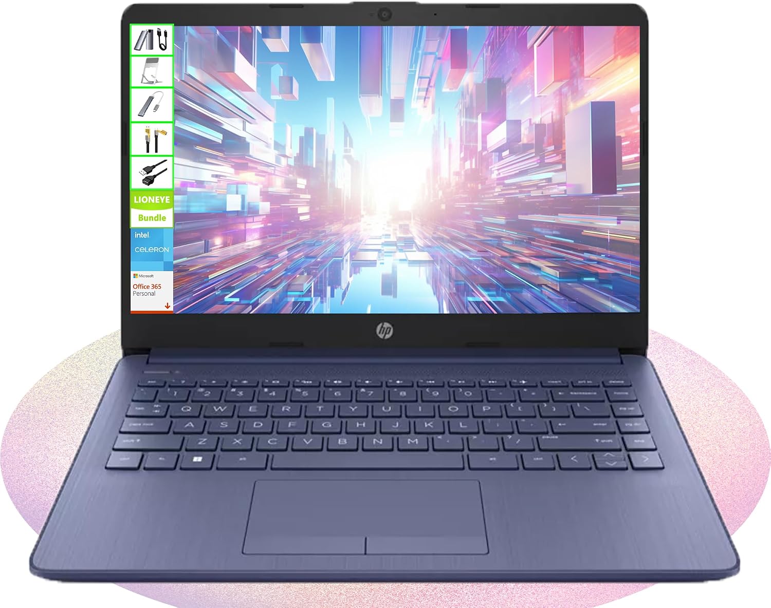 HP Laptop with Microsoft Office and 1TB Cloud Storage (1-Year)| 14 inch HD Computer| 16GB RAM| 64GB eMMC & 64GB Card & 128GB Portable SSD| Intel 4-Core CPU| Webcam| AI-Powered Windows 11| LE Bundle