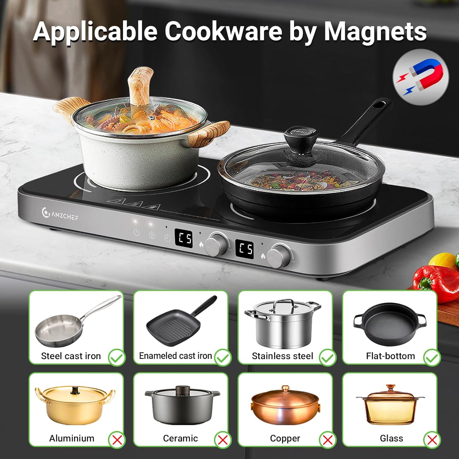 AMZCHEF Double Induction Cooktop with Removable Iron Cast Griddle Pan & AMZCHEF Portable Induction Cooktop