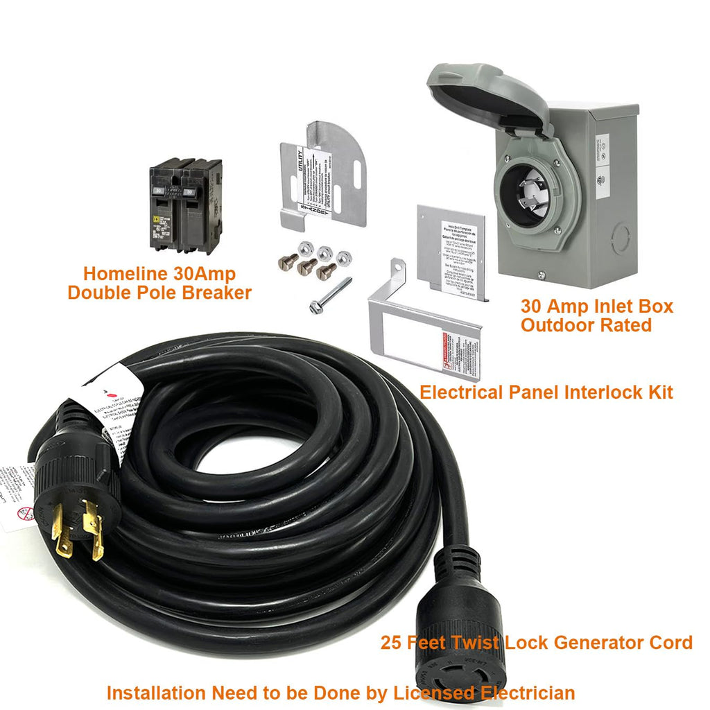 30 Amp Generator to House Hook-up Kit for Square D Homeline 150/200/225 Amp Load Center, Including Generator Cord,Power Inlet Box,Panel Interlock Kit and Circuit Breaker (25 Ft Gen Cord)