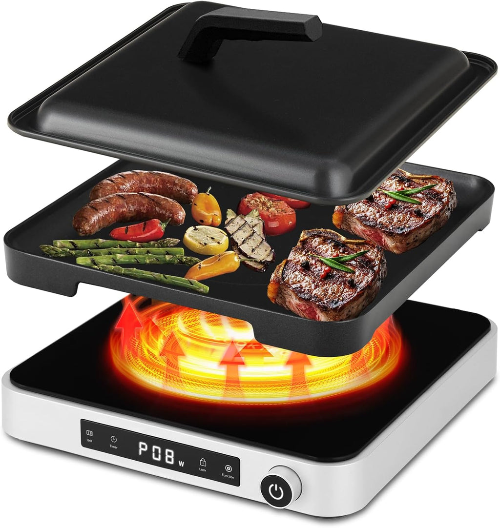 Cooktron 2-in-1 Induction Cooktop with Grill Pan – Portable 1 Burner Induction Hot Plate 1800W, Removable Griddle, 10 Power & 5 Temp Levels, Touch & Knob Control for Kitchen or RV Camping