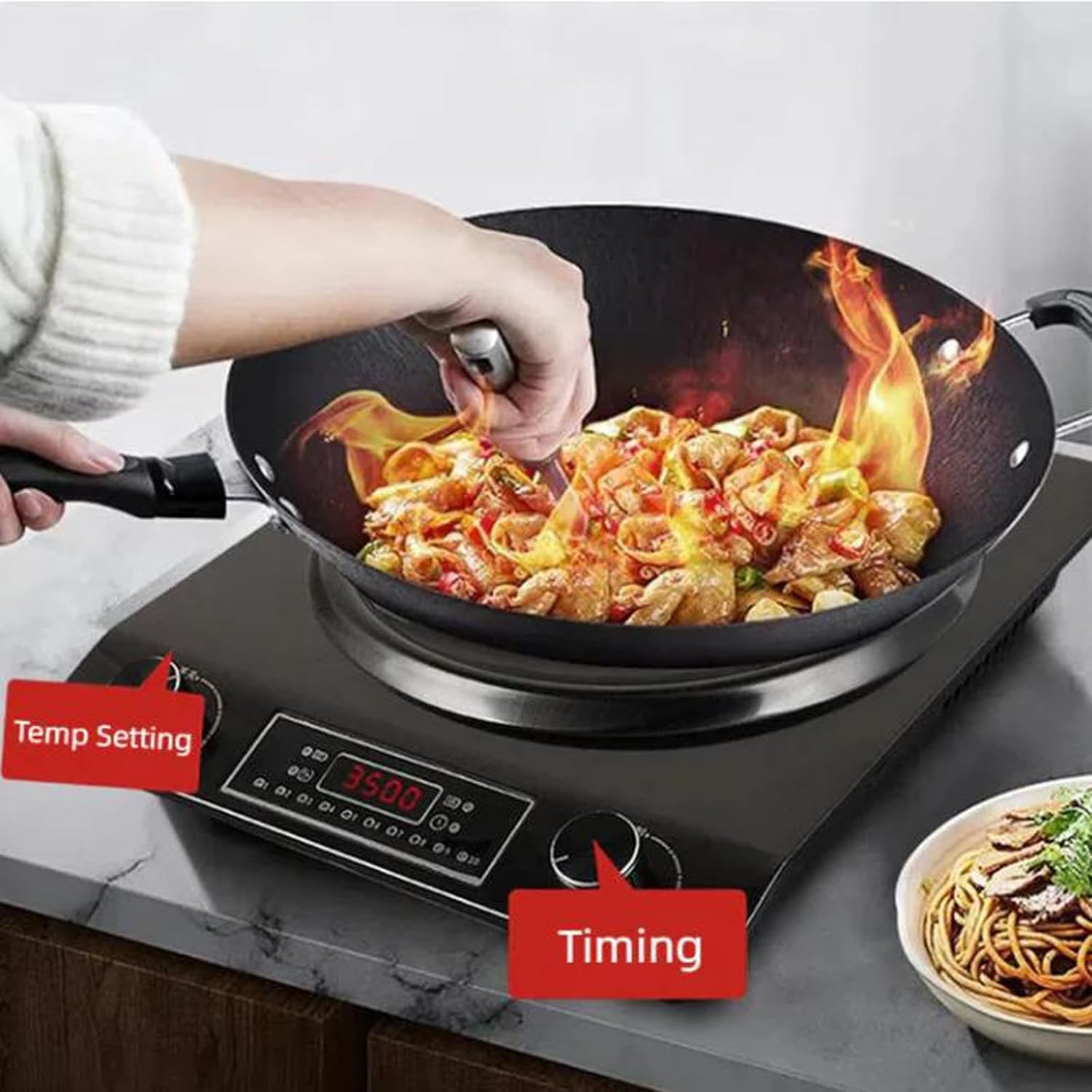 3500-Watt Induction Hob, 10 Temperature Settings, Newbeew Portable Multifunctional Commercial Induction Cooktop, with LCD Display & Touch/Knob Control, Innovative Concave Design (Black)
