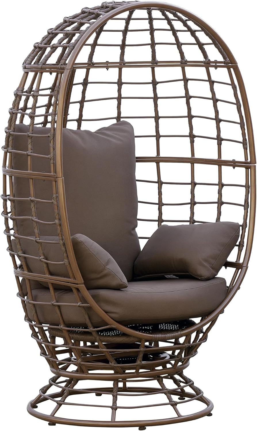 Outsunny Wicker Egg Chair, 360 Rotating Indoor Outdoor Boho Basket Seat with Cushion and Pillows for Backyard, Porch, Patio, Garden, Handwoven All-Weather PE Rattan, Steel Frame, Brown
