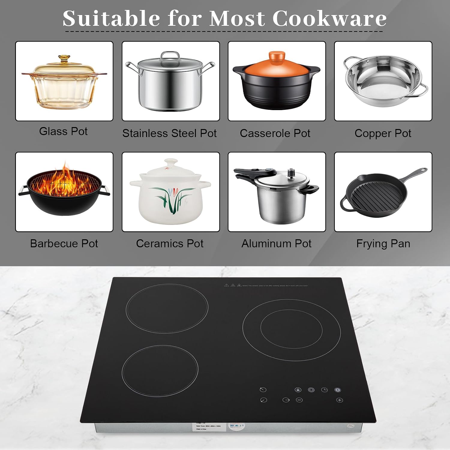 2600W 110V Electric Ceramic Cooktop Portable 3 Burners Built-in Cooktop Sensor Touch Control Countertop Electric Hot Plate with Kid Safety Lock and Timer, 9 Heating Level(no plug)