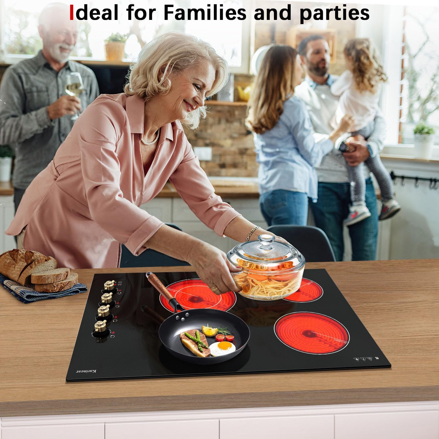 Karinear Electric Cooktop 30 Inch, 4 Burners Electric Stove Top, Built-in Radiant Cooktop with Expandable Burner, Knob Control, Safety Lock, Timer, 6700W 220~240V Hard Wired(No Plug)