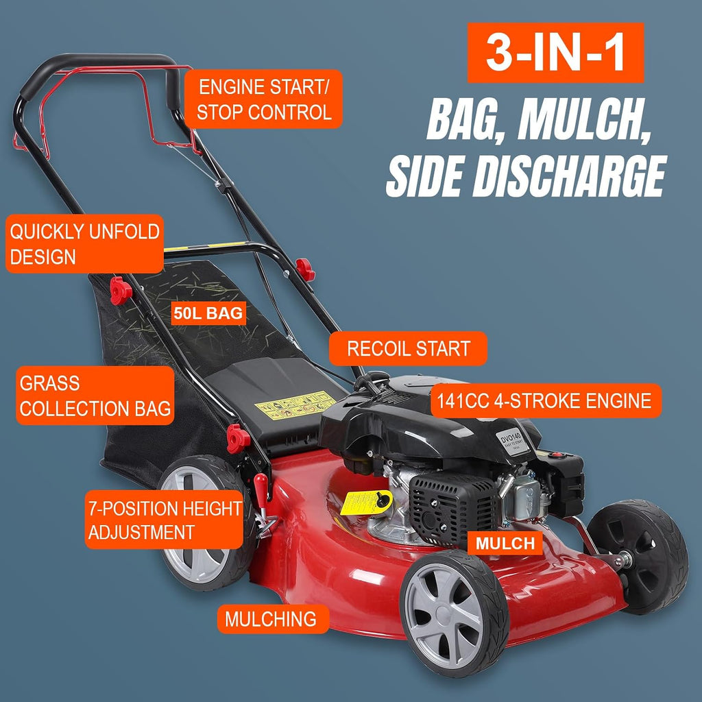 Lawn Mower Gas Powered, Gas Mower with 50l Grass Bag Big Wheels, 141cc 3-in-1 Cordless Gas Engine Mowers with 20' Blade, Self Propelled Walk-Behind Push Mower for Hills 2850RPM (Upgraded 01)
