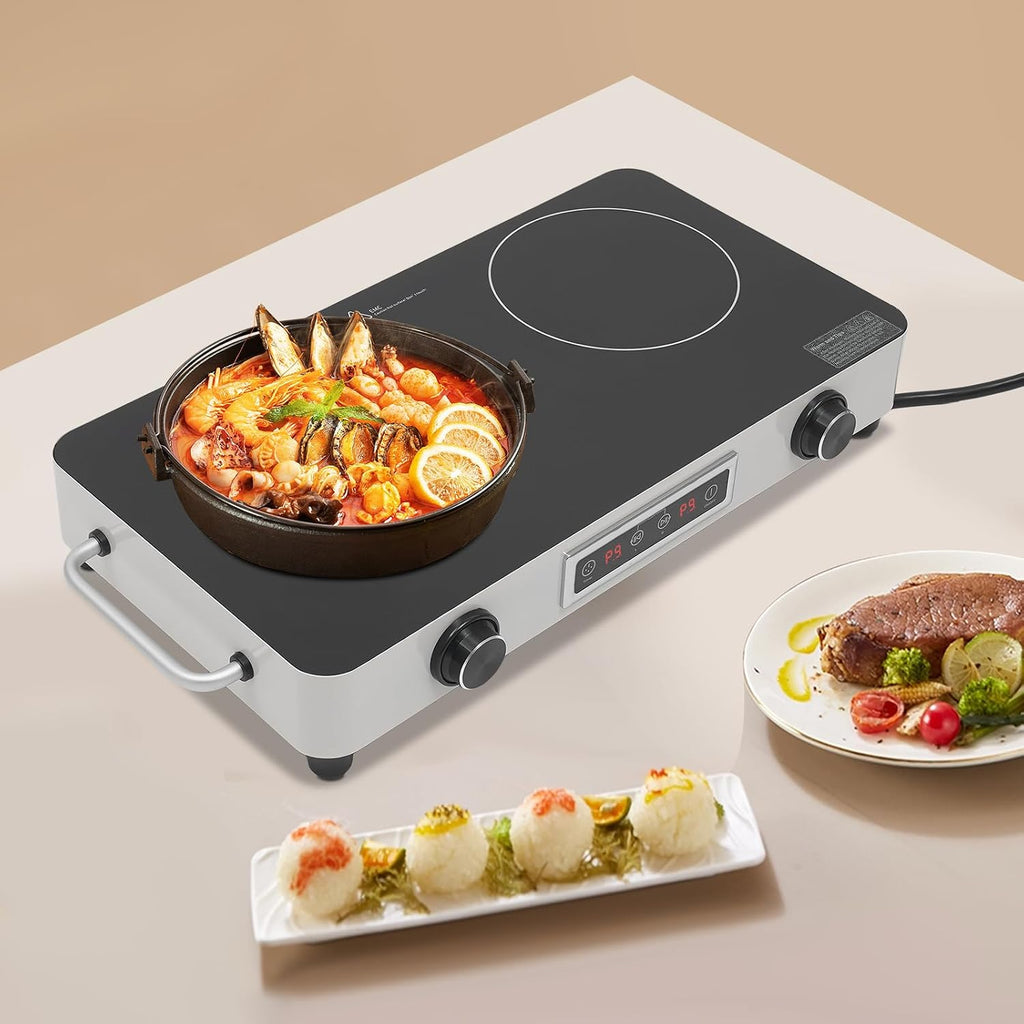 Double-Burner Electric Cooktop, Portable Double Induction Cook-top, 1100w Countertop Double Burner Ceramic Cooktop with 99min Timing Function, Child-Lock, Overheat Protection (Silver)