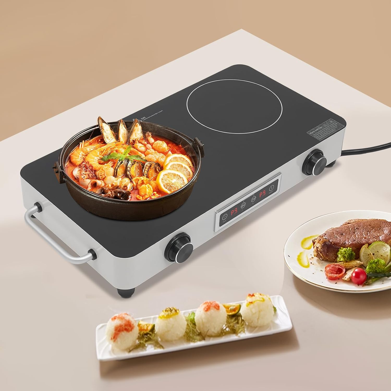 Double-Burner Electric Cooktop, Portable Double Induction Cook-top, 1100w Countertop Double Burner Ceramic Cooktop with 99min Timing Function, Child-Lock, Overheat Protection (Silver)
