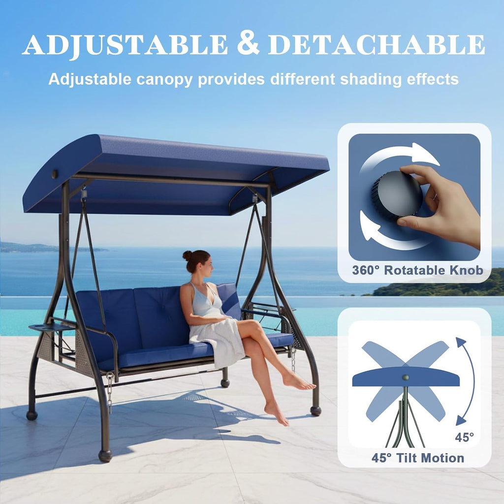 3 Seat Outdoor Porch Swing Chair with Adjustable Canopy, Patio Glider Swing Bed with Removable Cushion & Foldable Side Tray for Garden Backyard Deck Blue