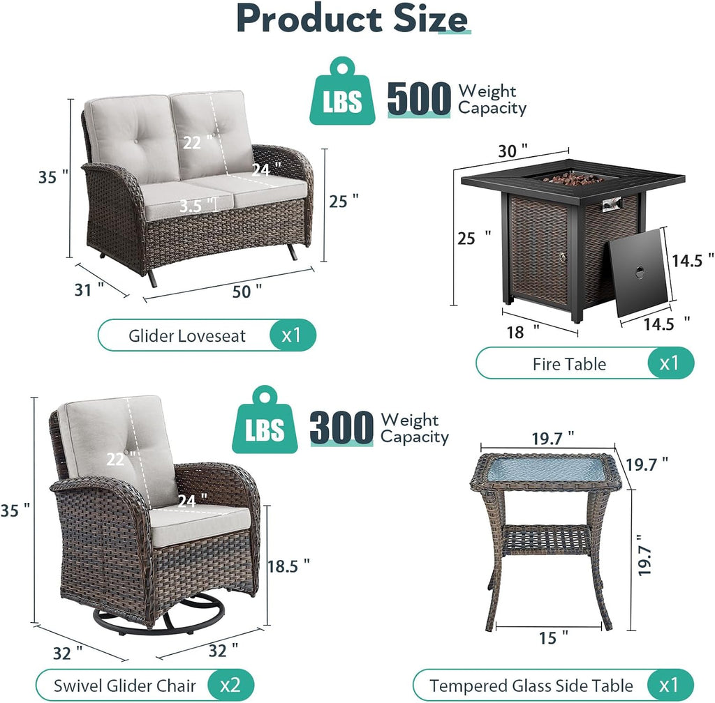 5 Piece Patio Furniture Set with Fire Pit Table - Wicker Patio Conversation Set with Swivel Glider, Glider Loveseat, Tempered Glass Side Table for Deck Backyard - Brown Wicker Beige Cushion