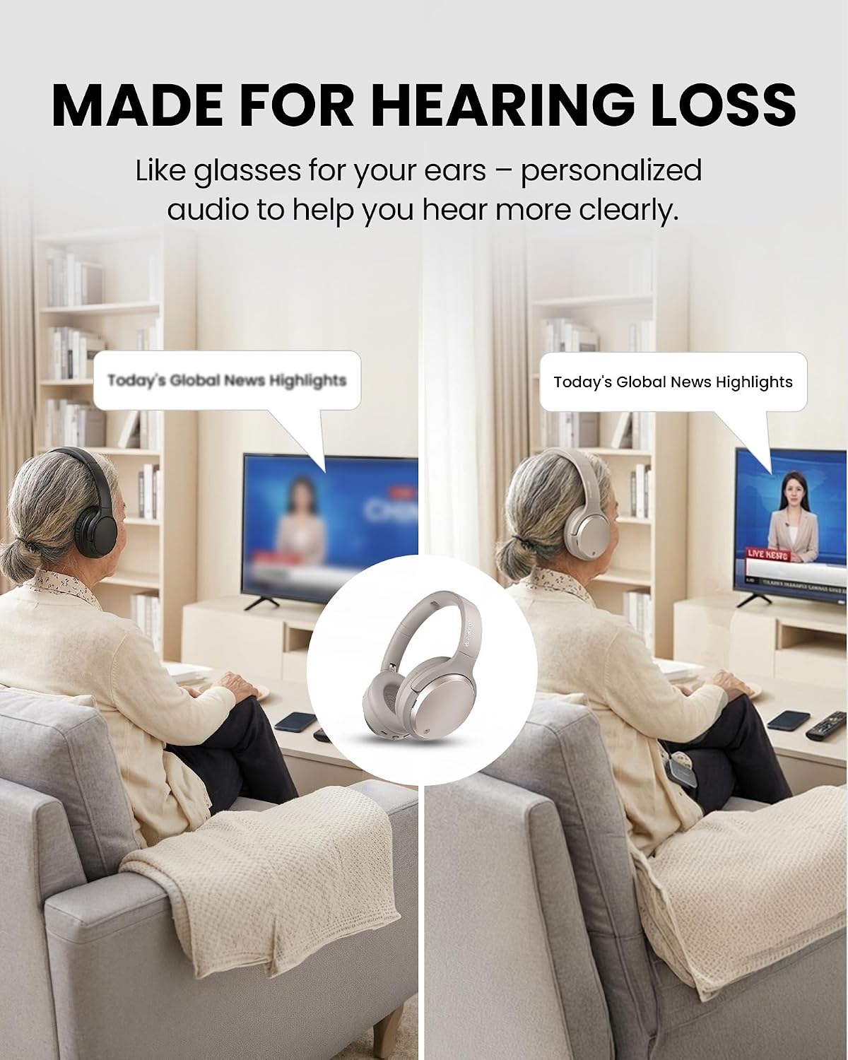 Avantree Eon Me – Personalized Sound Bluetooth Headphones for Seniors & Hard of Hearing, with Left & Right Ear Compensation, Clear Speech, Replaceable Battery, 60H Playtime, and Charging Stand