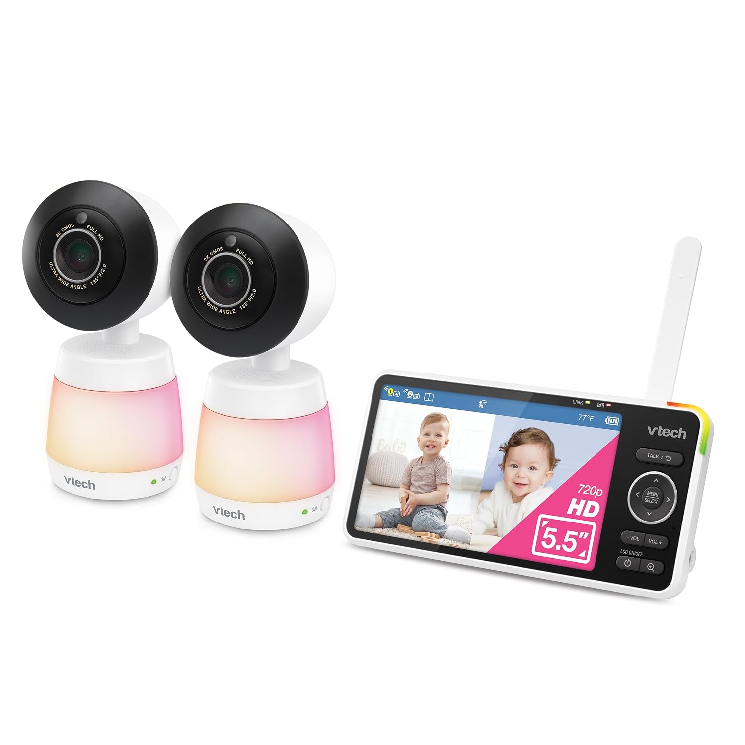 VTech Smart HD Plus Twin 2-Camera Smart WiFi Baby Monitor – 2K Cameras, 5.5' HD Split-Screen, 24X Zoom, Free App, Multi-Color Night Light