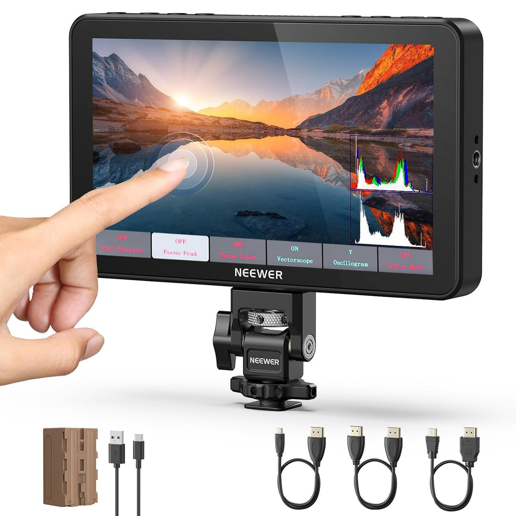 NEEWER F700 7' Camera Field Monitor, 2000nit HD 1920x1080 IPS Touch Screen with 3D LUT, 4K HDMI Loop in/Out with Peak Focus DSLR Video Assist HDR Waveform, Cold Shoe Mount, 5200mAh Battery & Cable