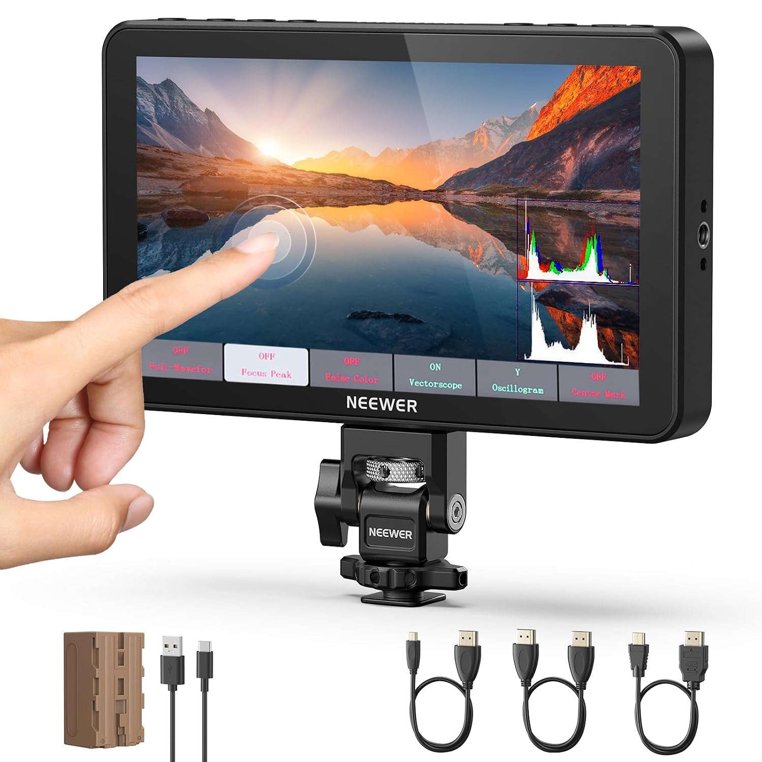 NEEWER F700 7' Camera Field Monitor, 2000nit HD 1920x1080 IPS Touch Screen with 3D LUT, 4K HDMI Loop in/Out with Peak Focus DSLR Video Assist HDR Waveform, Cold Shoe Mount, 5200mAh Battery & Cable