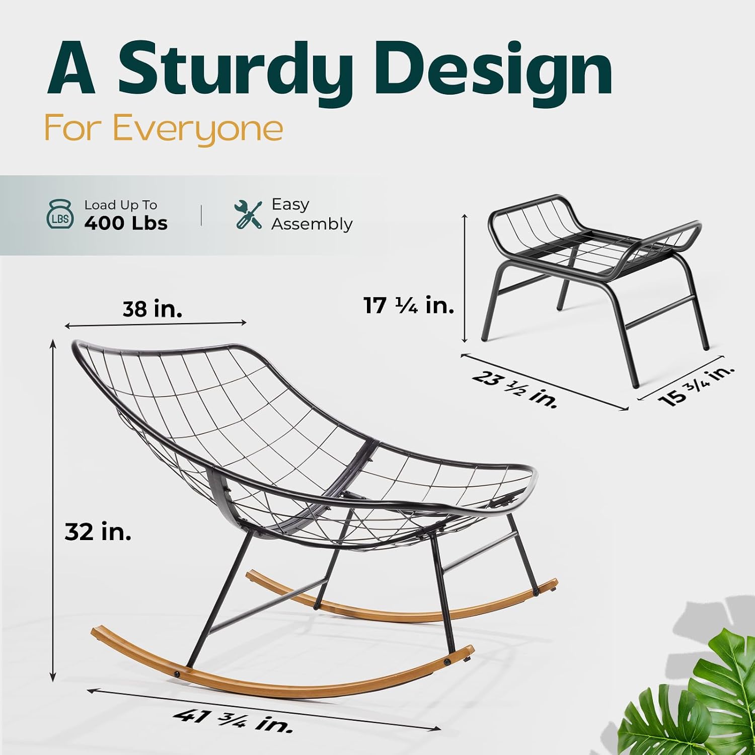 Bme Patio Rocking Chair Outdoor & Indoor, Metal Patio Lounge Rocking Chair with Thick Cushion, Comfy Modern Rocker Chair for Living Room, Porch, Backyard, Grey Cushion - Wood Texture Rocker