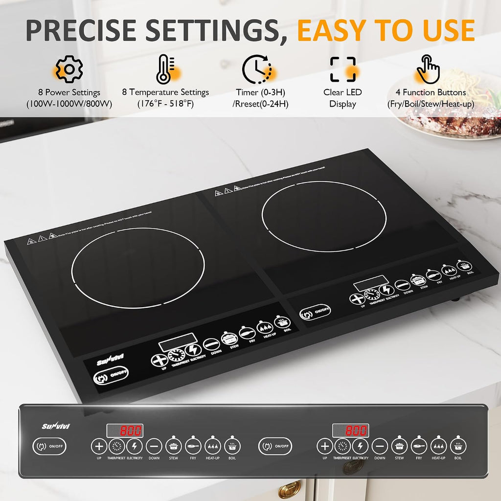 Sunvivi Portable Induction Cooktop: 2 Burners in 1, Commercial-Grade Electric Countertop Stove with LED Touchscreen, 8 Power Levels & Precise Temp Control (176°F-518°F), Independent Timer, Black