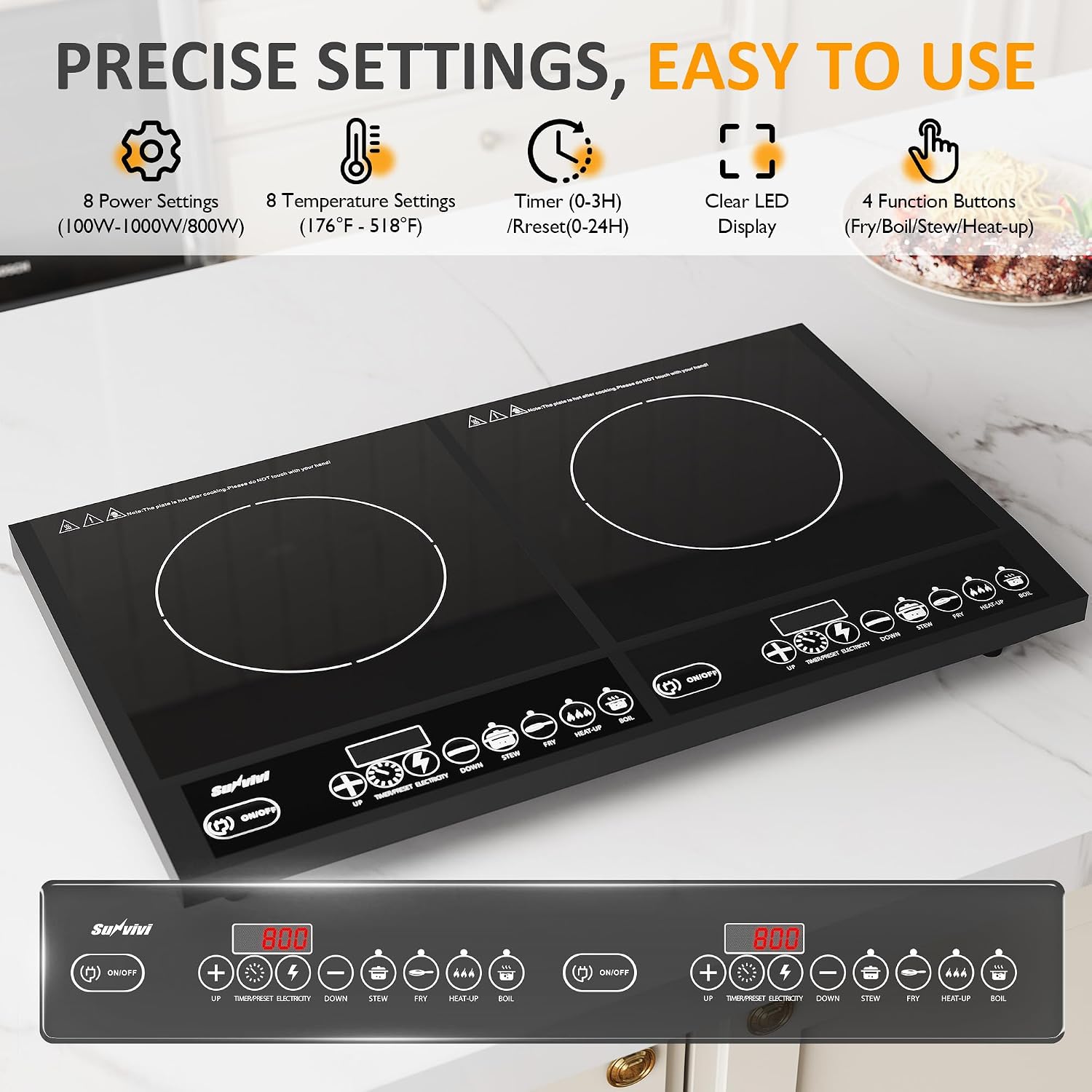 Sunvivi Portable Induction Cooktop: 2 Burners in 1, Commercial-Grade Electric Countertop Stove with LED Touchscreen, 8 Power Levels & Precise Temp Control (176°F-518°F), Independent Timer, Black