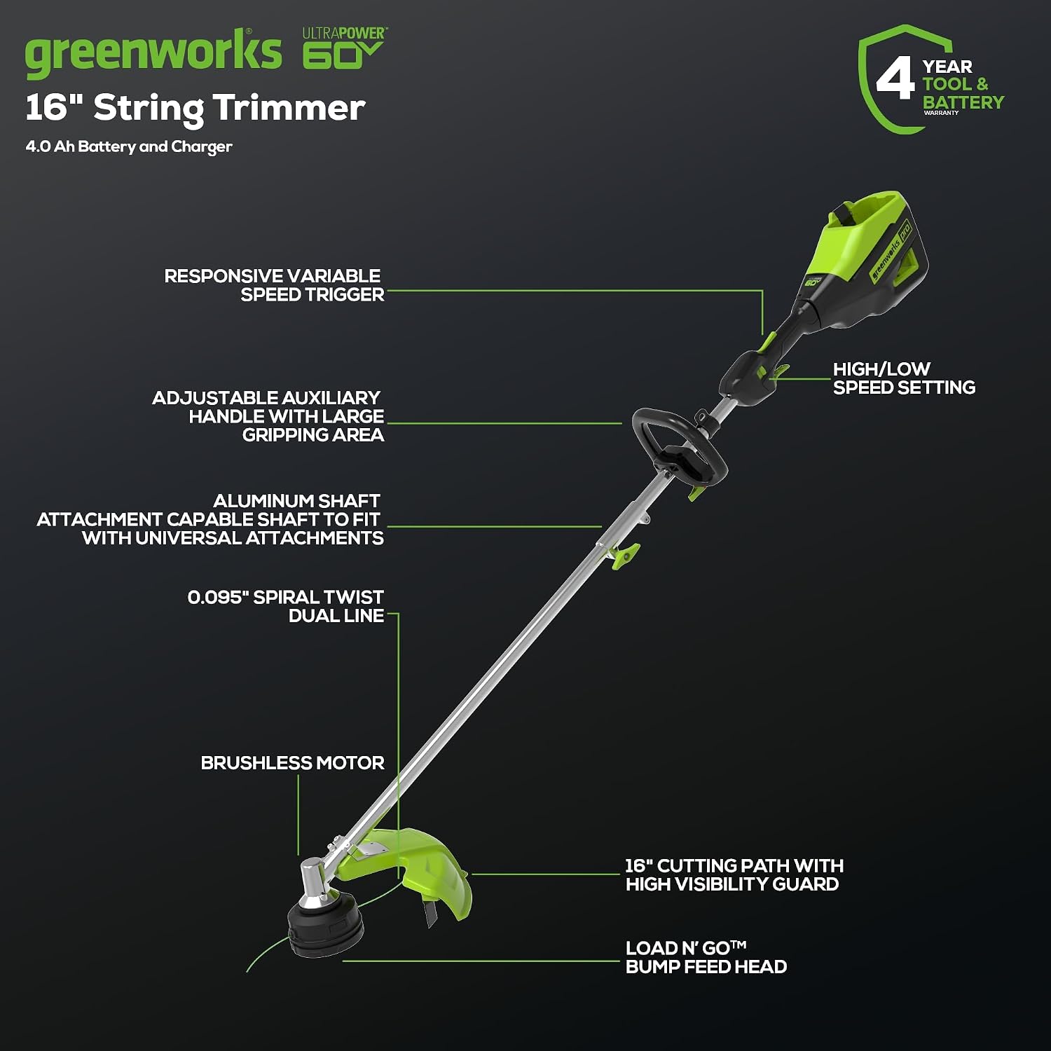 Greenworks 60V 16' Brushless Cordless String Trimmer, Attachment Capable, Load N' Go Line Head, Shoulder Strap Included, 4.0Ah Battery & Charger, 4-Year Warranty