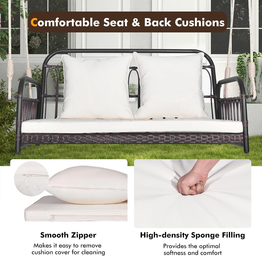 HAPPYGRILL Wicker Porch Swing, 2-Person Outdoor Patio Hanging Chair with Cushions, Metal Frame, Hanging Swing Bench with Ropes for Garden Backyard, 880 LBS Weight Capacity