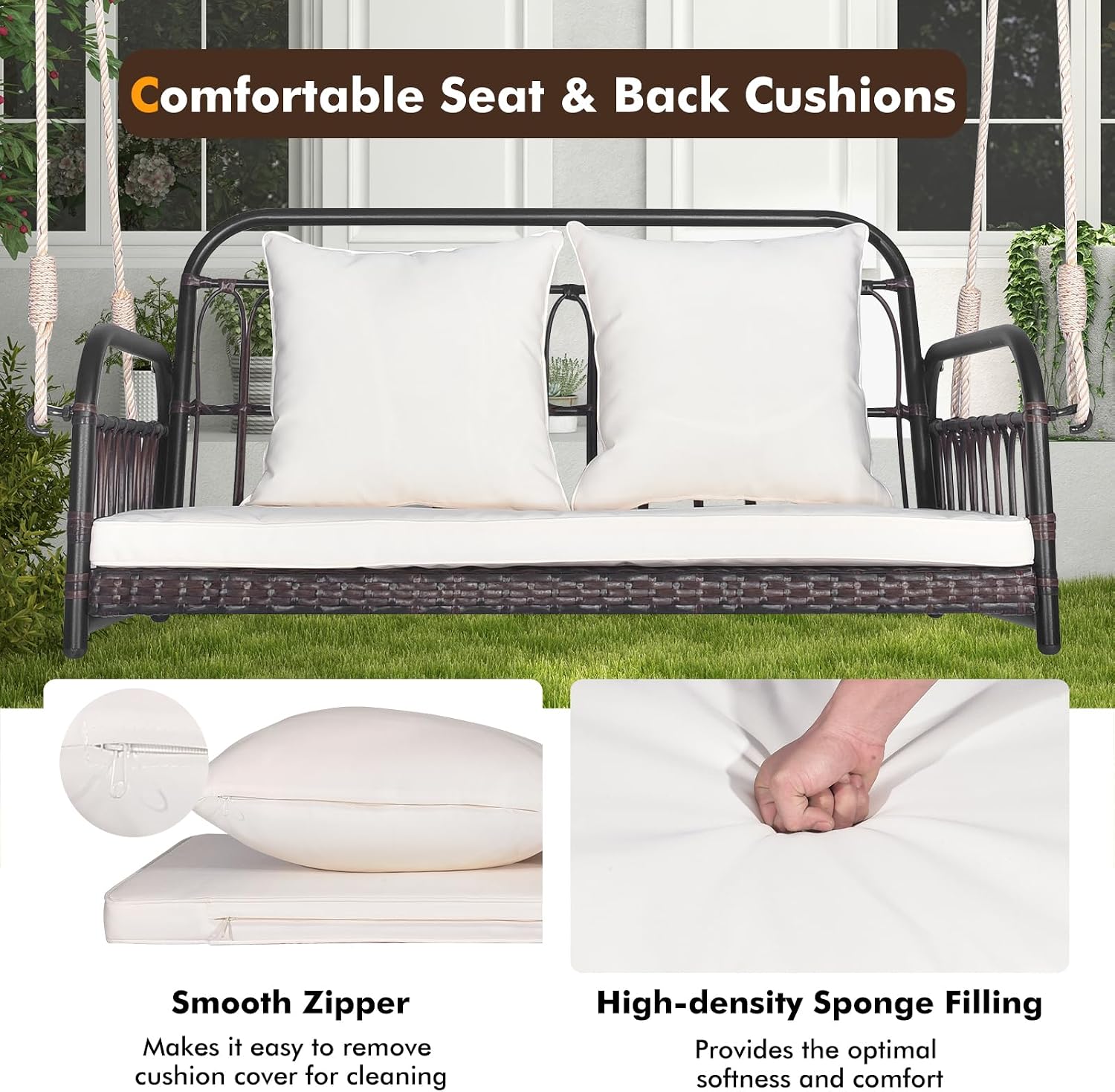 HAPPYGRILL Wicker Porch Swing, 2-Person Outdoor Patio Hanging Chair with Cushions, Metal Frame, Hanging Swing Bench with Ropes for Garden Backyard, 880 LBS Weight Capacity