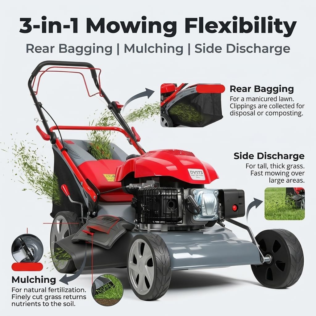 173cc 20' Gas Lawn Mower, Self-Propelled Lawn Mowers with 18' Cutting Width, Adjustable Cutting Height 25-75mm & 60L Grass Catcher, Push Mower for Large Yards and Uneven Ground Red