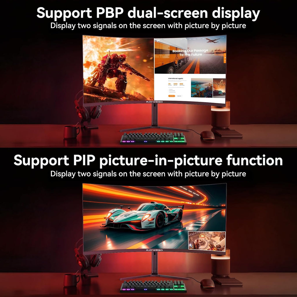 Raywego 34 Inch Curved Gaming Monitor, WQHD 3440 x 1440p, 165Hz 1ms, 21:9 Ultrawide, 127% sRGB, Ergonomic Height Adjustable Stand, PIP/PBP, RGB Backlight, Black