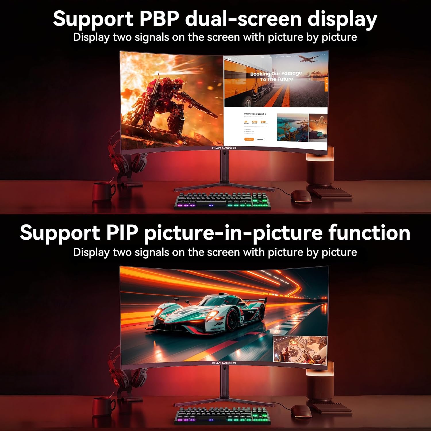 Raywego 34 Inch Curved Gaming Monitor, WQHD 3440 x 1440p, 165Hz 1ms, 21:9 Ultrawide, 127% sRGB, Ergonomic Height Adjustable Stand, PIP/PBP, RGB Backlight, Black