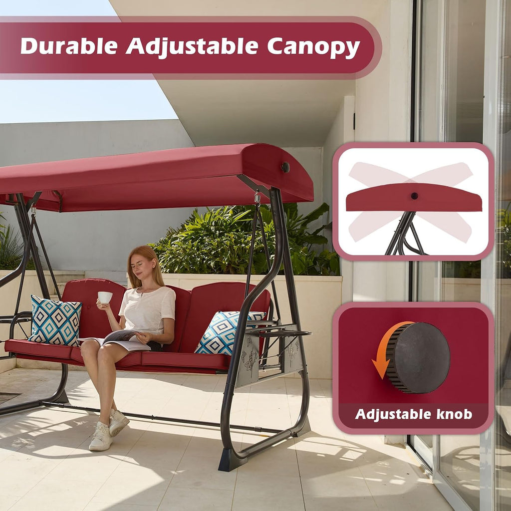 ZZW 3-Seat Patio Porch Swing 800LBS Outdoor Swing with Stand w/Canopy & Adjustable Backrest Patio Glider Chair w/Removable Pillows & Foldable Side Tray for Balcony Garden Deck (Wine Red)