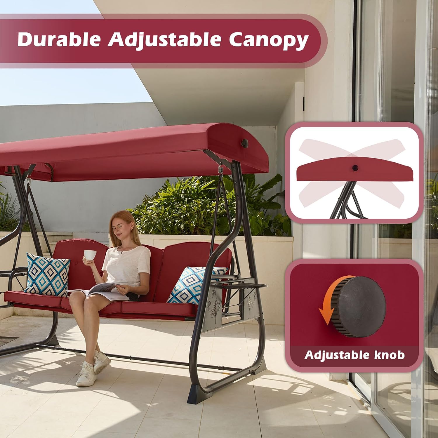 ZZW 3-Seat Patio Porch Swing 800LBS Outdoor Swing with Stand w/Canopy & Adjustable Backrest Patio Glider Chair w/Removable Pillows & Foldable Side Tray for Balcony Garden Deck (Wine Red)
